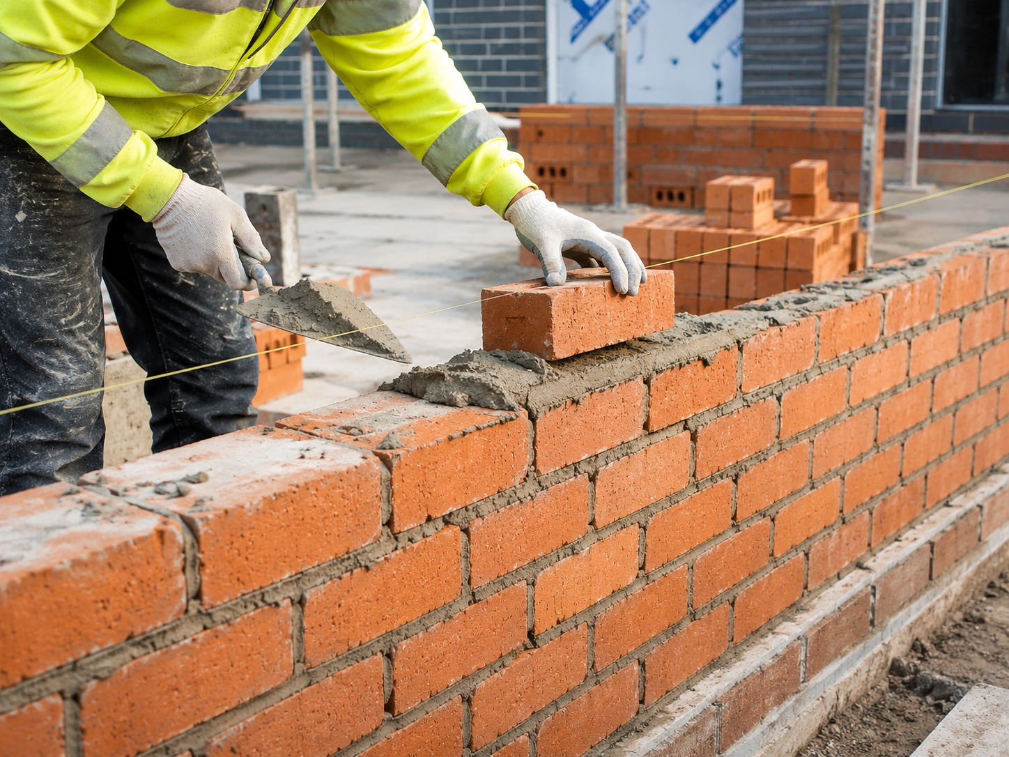 A bricklayer sets a course of brick during construction