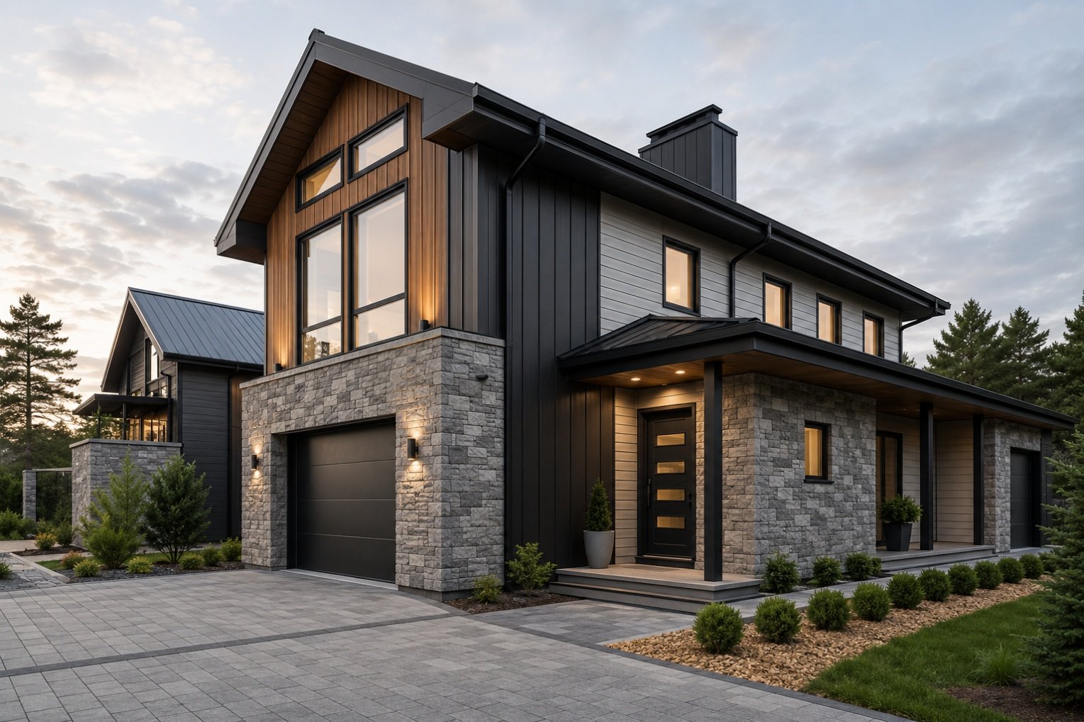 A modern home combining timber, stone veneer and metal cladding across its façade