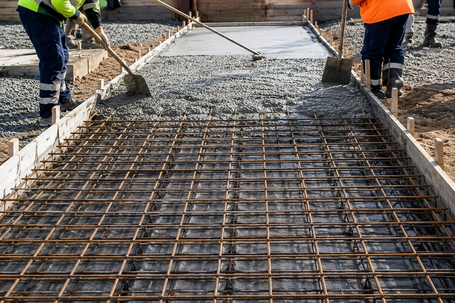 Steel fixers preparing reinforcement mesh ahead of a concrete pour