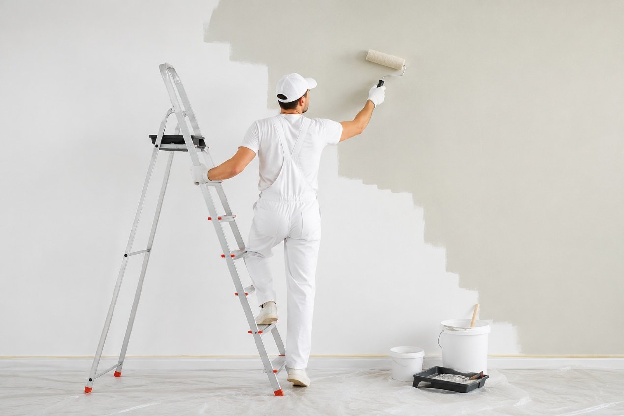 A painter rolls low-sheen acrylic onto an internal wall from a ladder