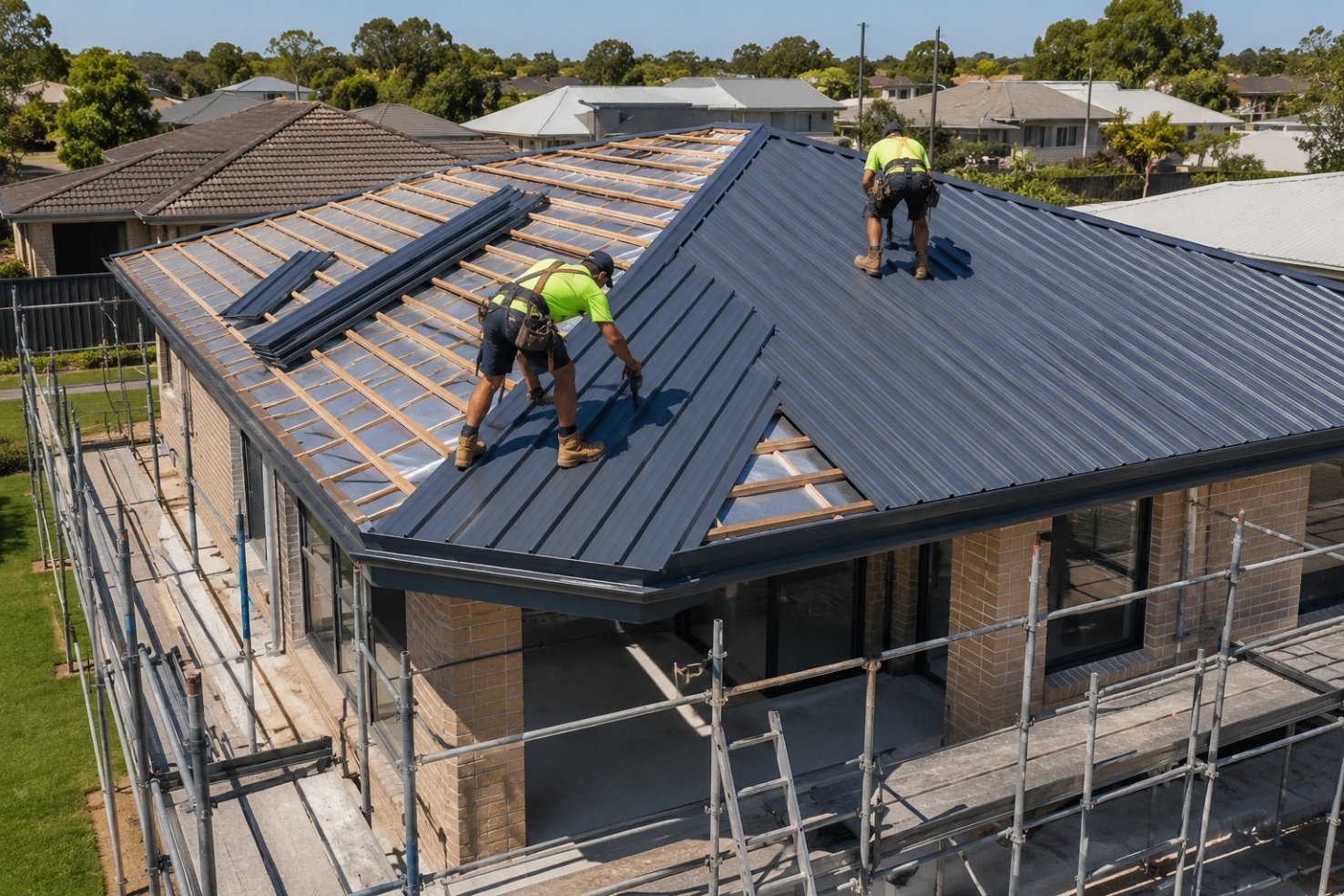 Roofers fixing metal roof sheeting to a residential build under scaffold access
