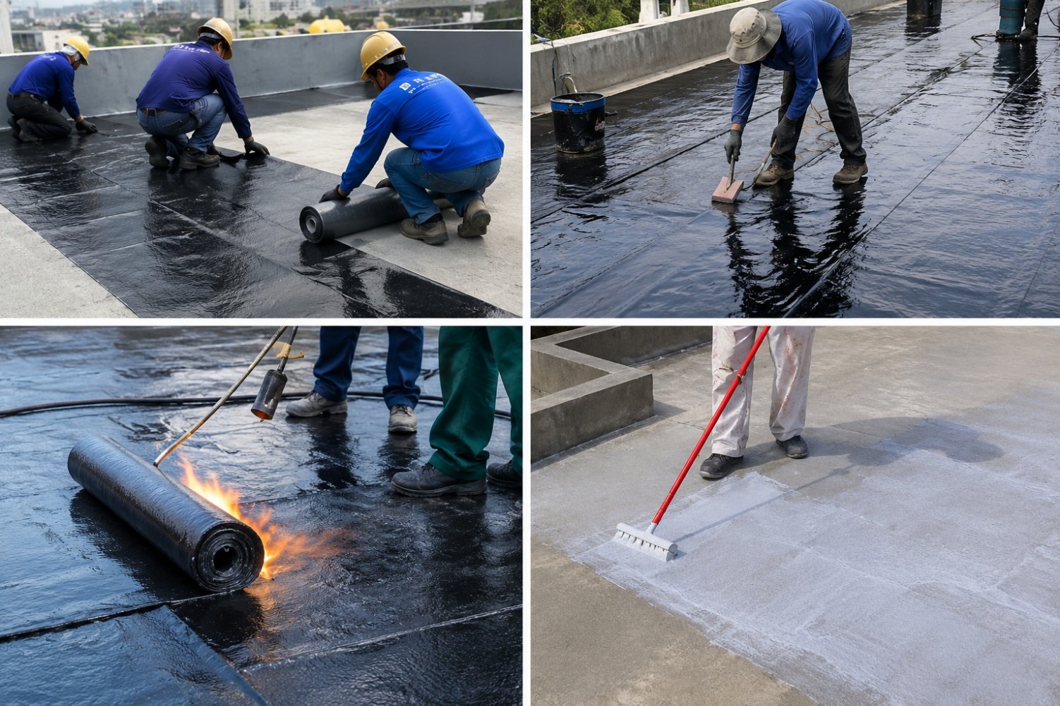 Waterproofing crews torch-on and roll out membrane across a podium deck